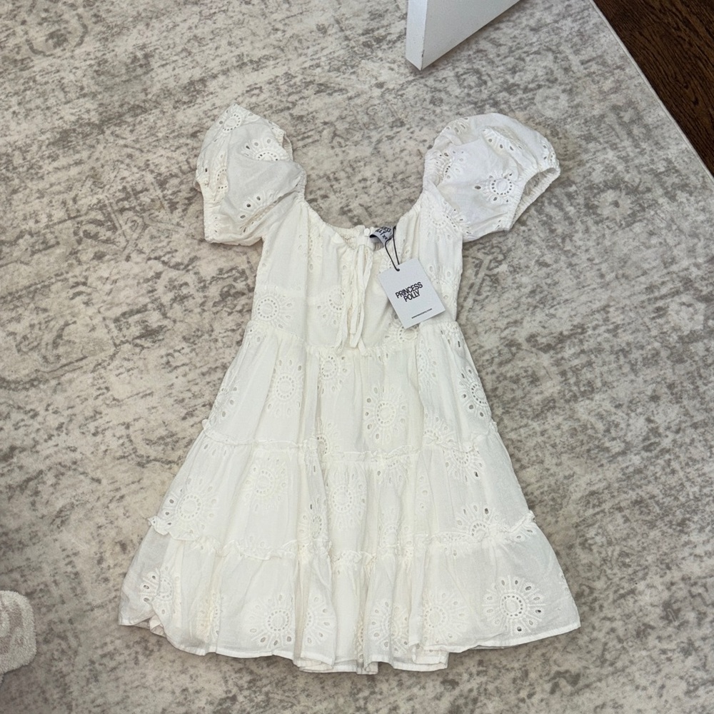 Princess Polly Cream Eyelet Puff-Sleeve Tiered Dress